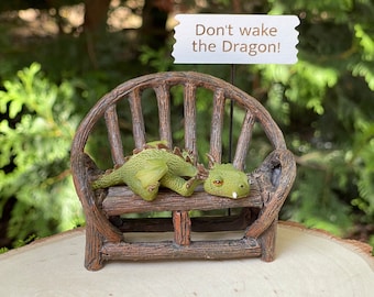 Fairy Garden Dragon Sleeping Miniature accessories, handmade sign don't wake the dragon, accessory, resin miniature log twig rustic bench