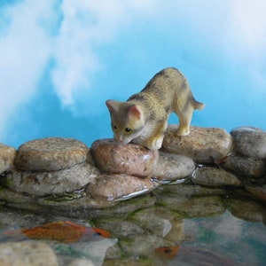 Fairy Garden Koi Pond miniature with artificial water, cat kitty, fairy garden accessories miniature fish, stone look, mini garden supply Pond & Tabby Cat