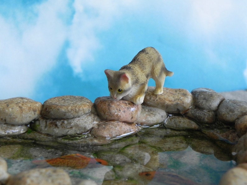 Fairy Garden Koi Pond miniature with artificial water, cat kitty, fairy garden accessories miniature fish, stone look, mini garden supply Pond & Tabby Cat