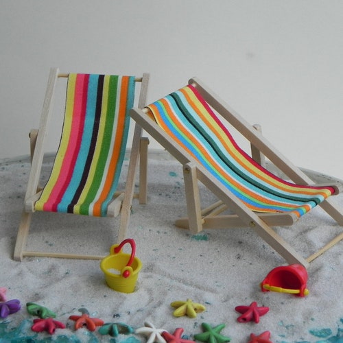 Miniature Dollhouse Fairy Garden Lounge Sand Chair Striped Beach Chaise Awesome 