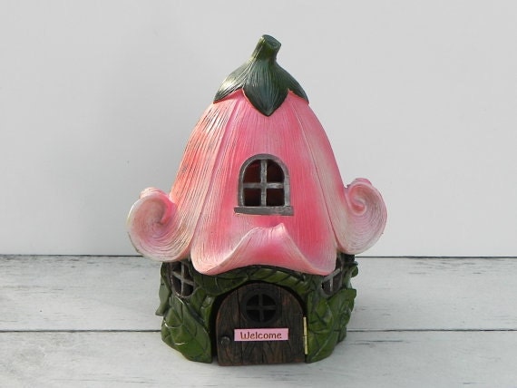 Fairy House Large, Hinged Door Opens , Pink Petunia Cottage