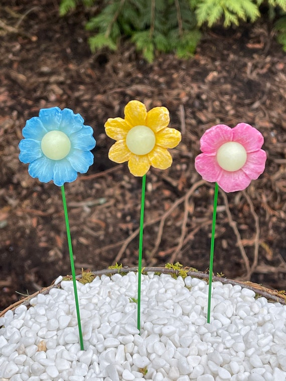 Glow Flowers, Glow in the Dark Globe, Fairy Garden Accessories, Miniature Flower  Picks, Set of 3 