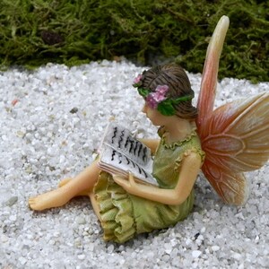 May include: A miniature fairy figurine reading a book, with a green dress and flower crown. The fairy has tan skin and large, detailed wings with peach and yellow hues. The figurine is set on a bed of white pebbles with green moss in the background.
