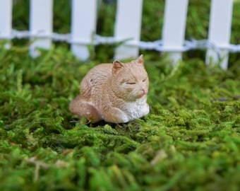 Miniature Cat fairy garden pet accessories, sleeping tan brown color, terrarium supply