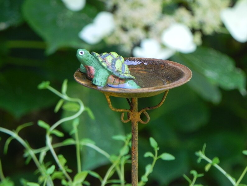 Fairy Garden Birdbath Miniature Rusty Bird Bath With Turtle Etsy