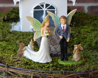 Miniature Bride Groom Fairy Wedding Chapel brick look path, Just Married handcrafted wooden sign on wire stake, accessories for fairy garden