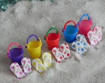 Miniature Beach Bucket assorted colors, Mini flip flops, flip flop sold separately, or as entire set, coastal dollhouse accessories supply