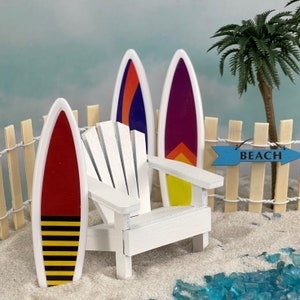 Miniature Surfboard, Miniature Handcrafted Adirondack Chair, Beach Garden Miniatures, Cake Topper, Fairy Garden Accessories, Mini Palm Tree