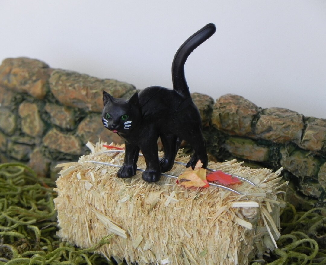 Miniature Black Cat Halloween Miniature Hay Bale With Fall Leaves