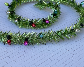 Miniature Christmas Garland, metallic tinsel bright green wired roping with Metallic Bulbs for dollhouse, fairy garden, NON Electric