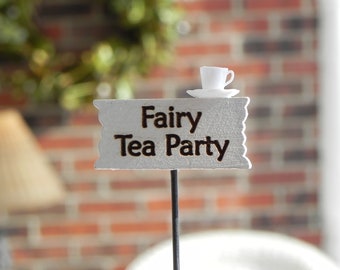 Fairy Garden accessories sign miniature Fairy Tea Party, accessory for miniature garden or terrarium, handcrafted sign, mini tea cup saucer