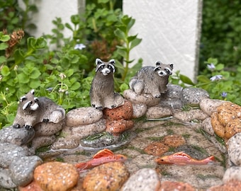 Fairy Garden Koi Pond miniature with artificial water, miniature raccoons, fairy garden accessories, fairy garden animals, miniature fish