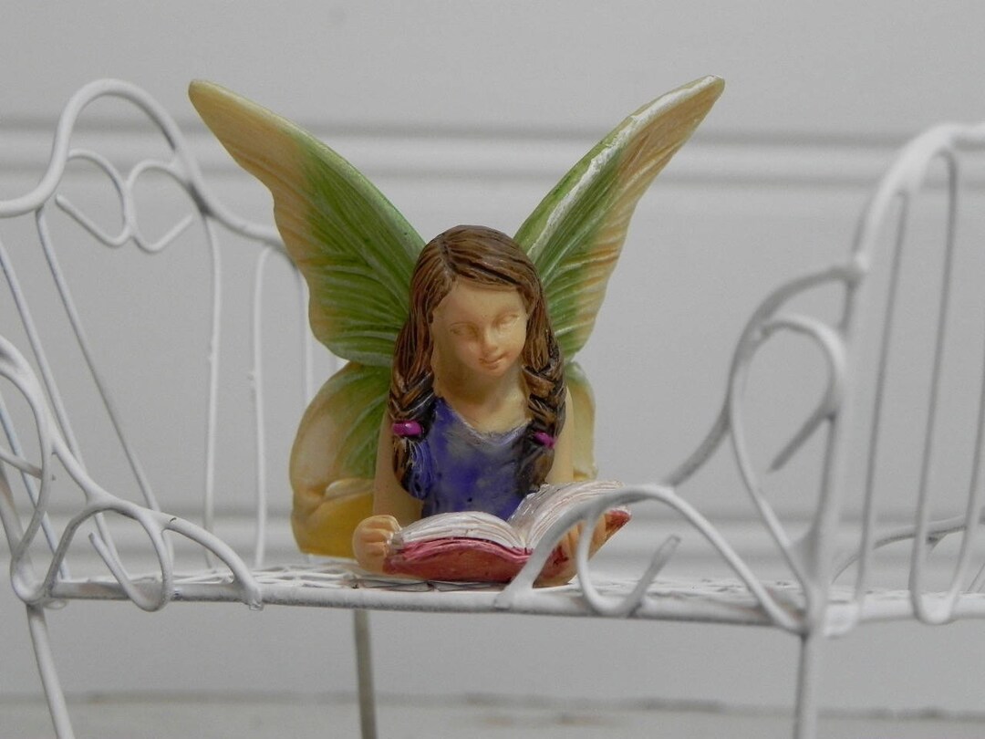 Fairy Garden Miniatures Fairy Reading A Book, Figurine, White Bed