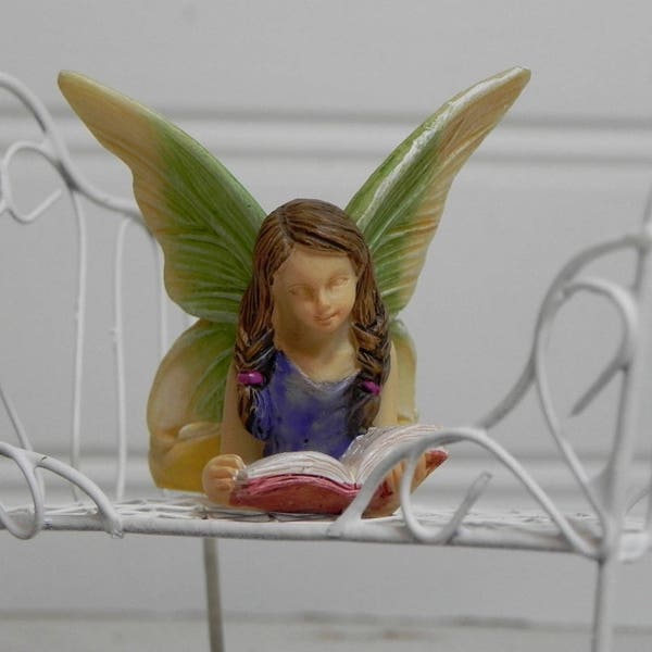 Fairy Garden Miniatures Fairy Reading A Book, figurine, white bed, fairy garden accessories, supplies