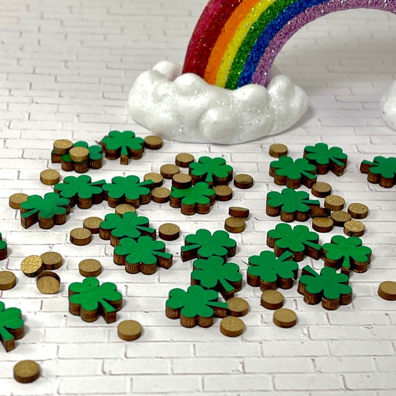 Miniature Wooden Shamrock Gold Coin, Three Leaf Clover, laser cut flat back craft supplies, St. Patrick's Day Clover, mini shamrock cutout