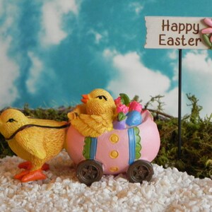 Easter Miniatures Egg Cart Chick, Miniature Happy Easter Sign, Miniature Easter Chick in Easter Egg Cart, Fairy Garden Accessories