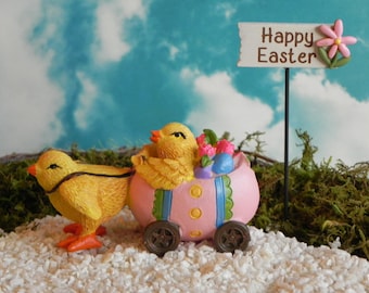 Easter Miniatures Egg Cart Chick, Miniature Happy Easter Sign, Miniature Easter Chick in Easter Egg Cart, Fairy Garden Accessories