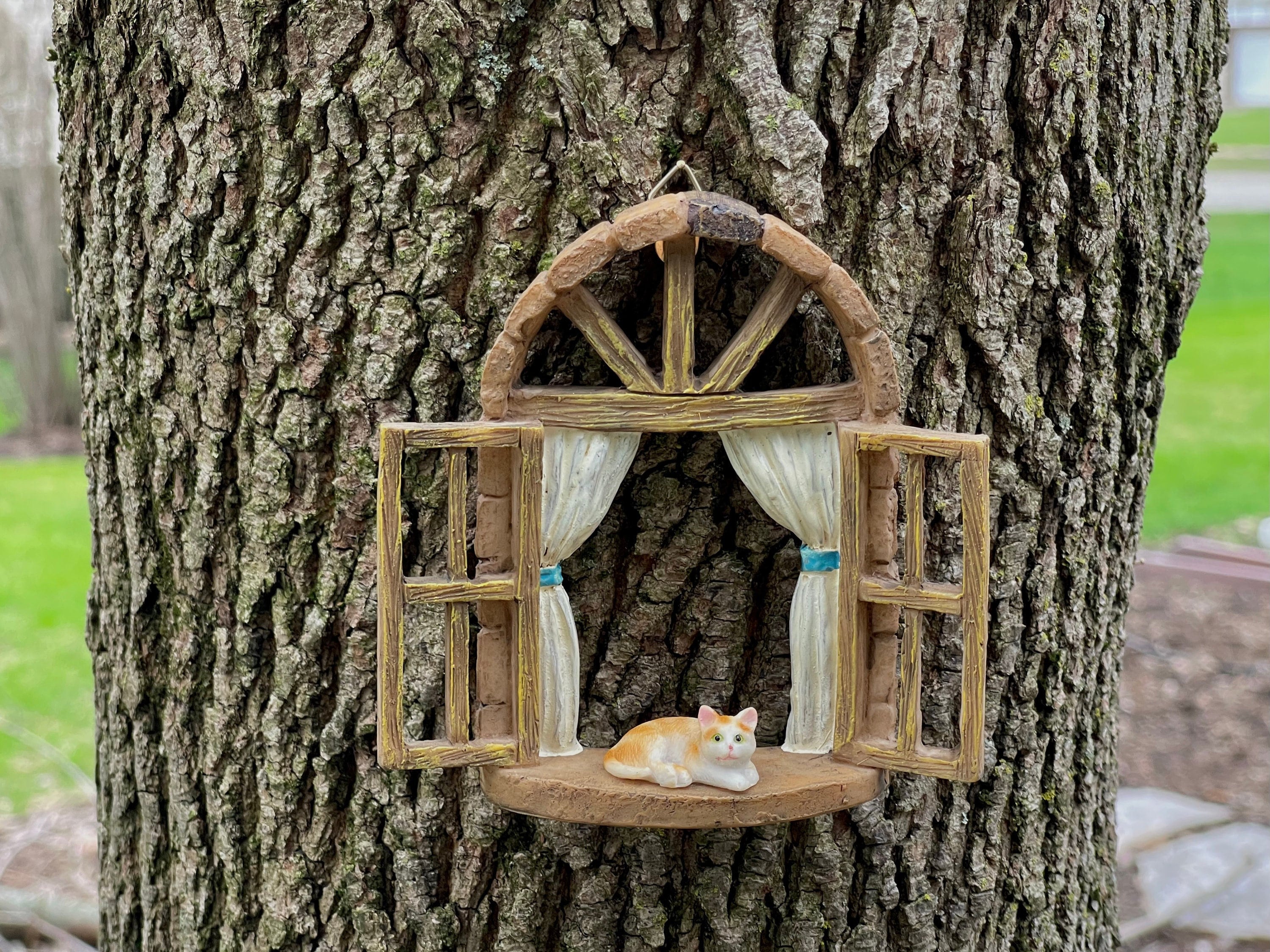 Miniature Window with Orange and White Cat, Fairy Garden Window, Window for Tree