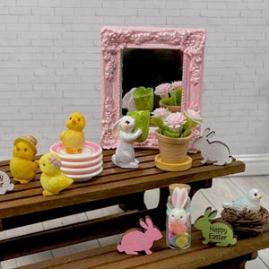1:12 Scale Easter Dollhouse Miniatures, Bunny, Mirror, Plate, Potted Flower Plant, Chick, Rabbit Jar, Bluebird Nest, SOLD SEPARATELY