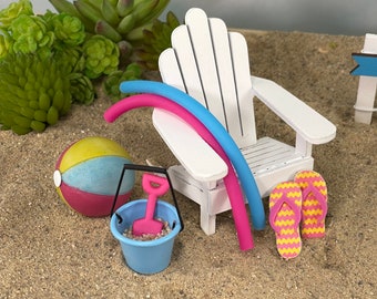 Miniature Beach Ball, Miniature Adirondack Chair, Miniature Pool Noodles, Beach Minis, Coastal Miniatures, Miniature Flip Flops Bucket Spade