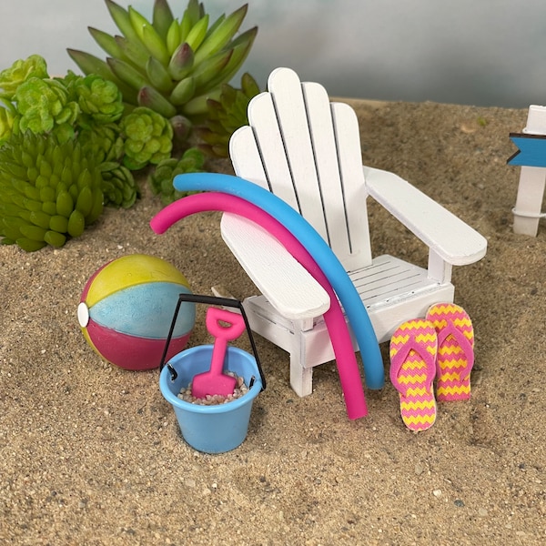 Miniature Beach Ball, Miniature Adirondack Chair, Miniature Pool Noodles, Beach Minis, Coastal Miniatures, Miniature Flip Flops Bucket Spade