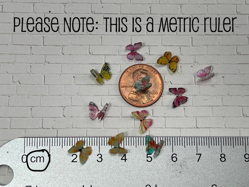 May include: A close-up of a ruler with a penny and several colorful butterfly charms. The ruler is marked in centimeters. The text "PLEASE NOTE: THIS IS a Metric ruler" is visible at the top of the image.