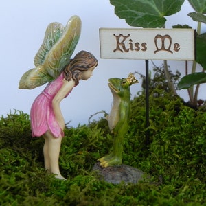 Miniature Fairy and Frog Prince, 'Kiss Me' Sign, fairy frog prince, fairy garden accessories, miniature figurines, miniature sign