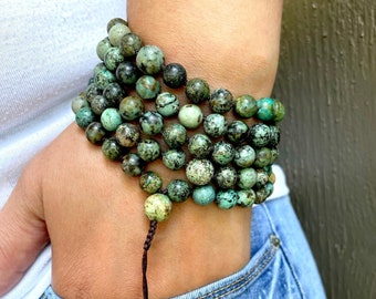 African Turquoise Mala Bead Necklace: Handknotted Yoga Meditation Bracelet