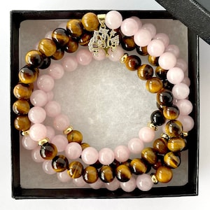 Rose Quartz Tiger Eye Mala Bracelet: Healing Gemstone Wrap, 8MM Beads