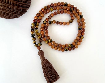 Tiger Eye Mala Necklace: 108 Wood Beads, Boho Tassel Jewelry