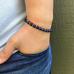18k Real Gold plated Lapis Lazuli beaded bracelet, Sterling silver bracelet, 6 mm gemstone beaded bracelet for men, Women bead bracelet