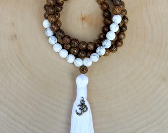 HOWLITE - Calming, Awareness, Spiritual 108 Mala Bead, Tassel Necklace, Mala Necklace, Tassel Bead Necklace,Meditation Bead, Mala Beads