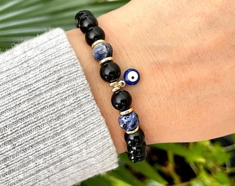 Pulsera de turmalina negra y sodalita: amuleto de ojo malvado y joya protectora