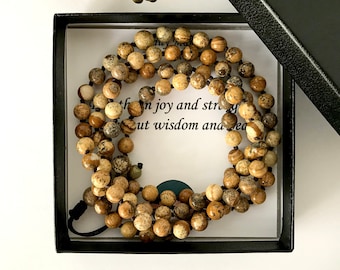 CONFIDENCE - Picture JASPER 108 Mala beads, Mala necklace, Yoga necklace, Bead bracelet for woman, Yoga gift, Man bracelet, Prayer bracelet