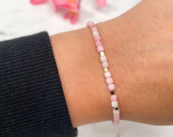 Pink Opal Beaded Bracelet: October Birthstone, Gold Accents