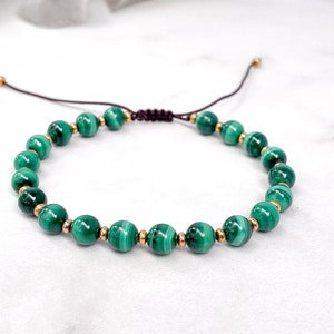 MALACHITE high quality 6mm Crystal bracelet / adjustable, waterproof / 18k gold gemstone bracelet / Stackable minimalist bracelet