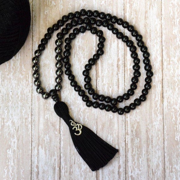 HEMATITE- STRESS and Protective 108 Mala Bead, Mala Necklace, Tassel Bead Necklace, Teen Gift, Handmade Jewelry, Tassel Necklace, Woman Gift