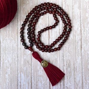 Powerful Healing Stone Mala Necklace, 108 Mala Bead, Grounding Gemstone Beads, Bead Tassel Necklace, Red Bead Necklace, Wood Bead Necklace image 1