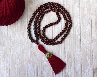 Powerful Healing Stone Mala Necklace, 108 Mala Bead, Grounding Gemstone Beads, Bead Tassel Necklace, Red Bead Necklace, Wood Bead Necklace