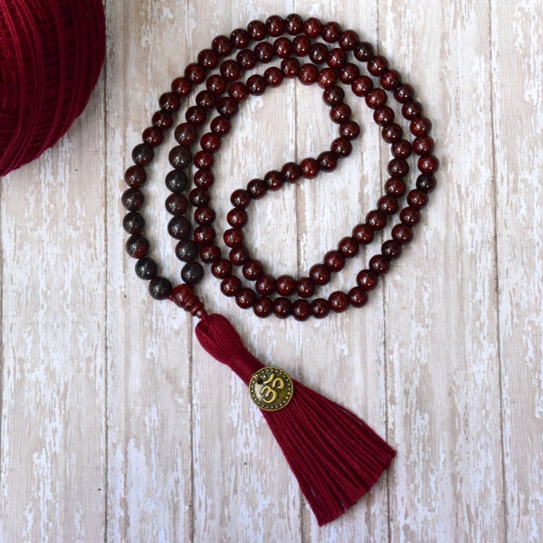 Powerful Healing Stone Mala Necklace, 108 Mala Bead, Grounding Gemstone Beads, Bead Tassel Necklace, Red Bead Necklace, Wood Bead Necklace