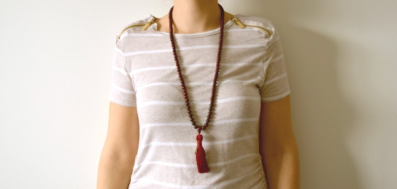 Powerful Healing Stone Mala Necklace, 108 Mala Bead, Grounding Gemstone Beads, Bead Tassel Necklace, Red Bead Necklace, Wood Bead Necklace image 4