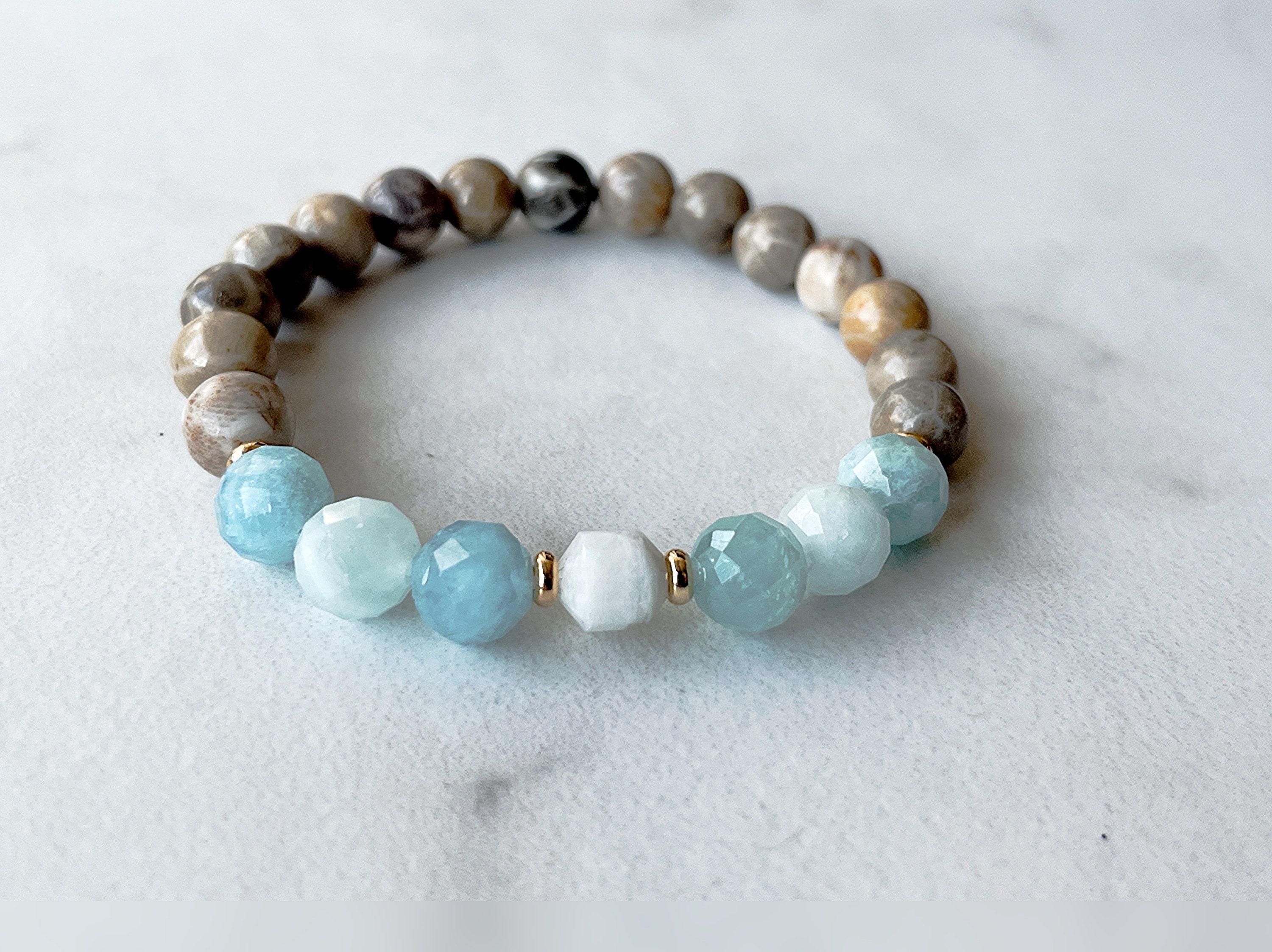 Aquamarie and Moonstone Goddess 8 mm Elastic Healing Gemstone Bracelet for Women, Minimalist Stackable Wrist Bracelet, Yoga gift for women
