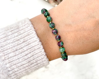 Ruby in Zoisite Beaded Bracelet: 18K Gold, Healing Crystal Jewelry