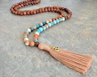 White Jade Mala Bead Necklace: Bohemian Tassel, Harmony Jewelry