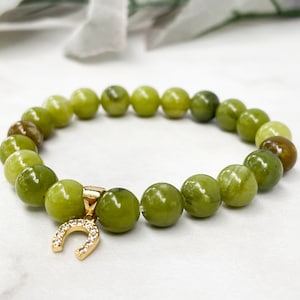 Green Opal Bracelet: 8mm Gemstone, Gold Horseshoe Charm