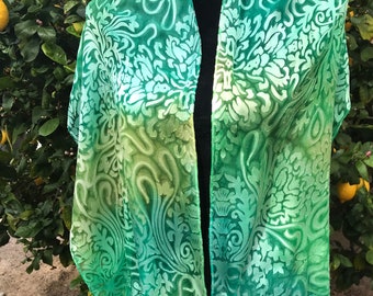 Green Silk Scarf,  Hand Painted Green Silk Scarf, Emerald, Olive Green Silk Scarf, Art Deco Floral Scarf, Mother’s Day Gift, Green Shawl