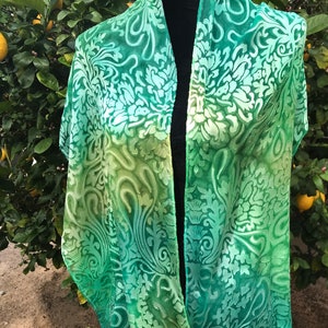 Green Silk Scarf,  Hand Painted Green Silk Scarf, Emerald, Olive Green Silk Scarf, Art Deco Floral Scarf, Mother’s Day Gift, Green Shawl