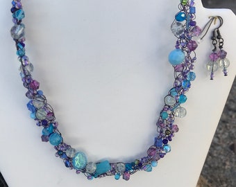 Blue, Purple Necklace Set, Crackle Glass Necklace, Czech Bead Necklace, Wire Crochet Blue, Purple Necklace Set, Sale Necklace, Mother’s Day