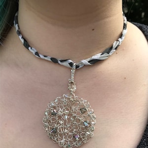 Statement Wire Crochet Circle Necklace, Wire Crochet Swarovski Necklace, Wire Crochet Crystal Pendant, Hand Painted Silk Necklace,