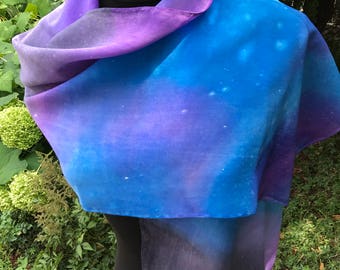 Blue, Purple Hand painted Silk Scarf, NIGHT SKY Hand painted Silk Scarf, Stars Silk Shawl, Starry Night Silk Scarf,
